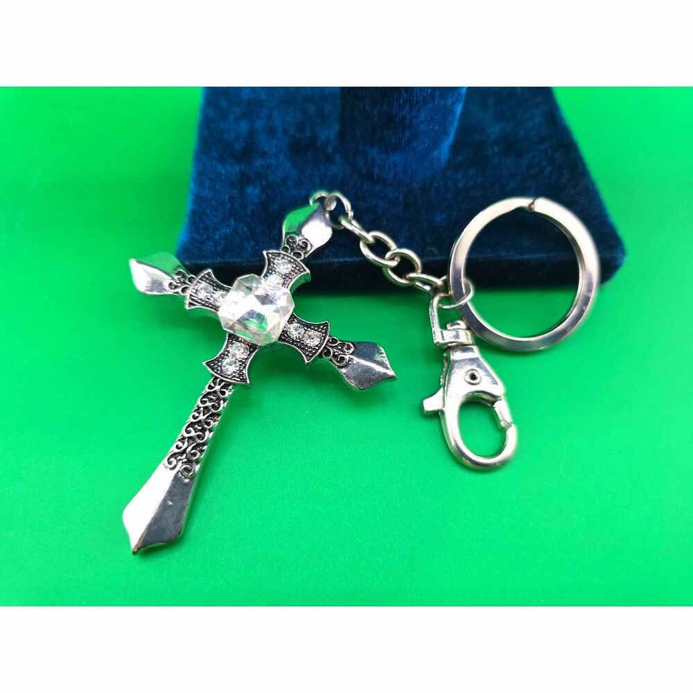 Rhinestone Cross Keychain & Bag Charm 6" Silver Tone Christian Celtic Gothic
